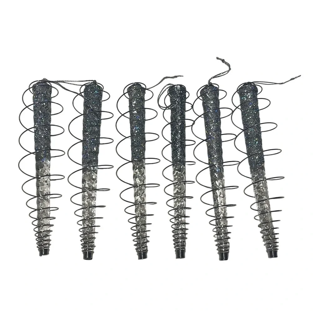 Vintage Icicle Wire‎ Wrapped Ornaments Clear Acrylic Twisted Silver Glitter Mcm